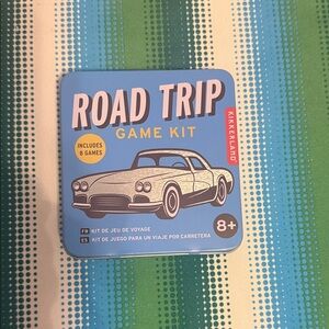 Kikkerland Road Trip Game Kit - Light Blue Tin with Yellow Accent